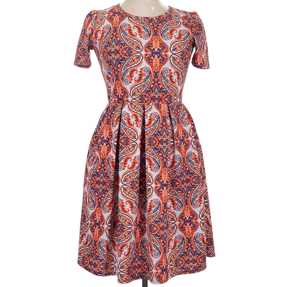 LuLaRoe Womens Dress Size XL Amelia Blue Orange Paisley Short Sleeve Made in USA
